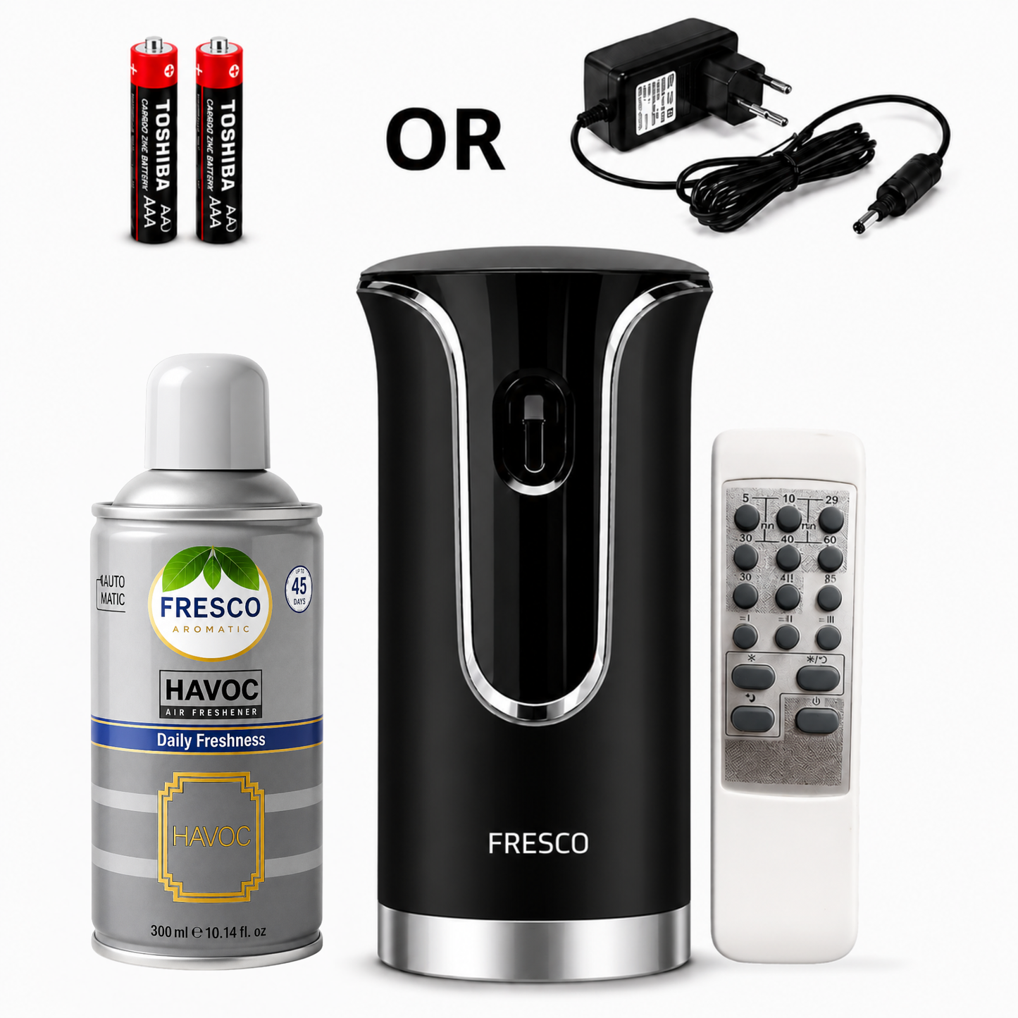 Fresco 2 in 1 Premium Black Remote Control Automatic Air Freshener Dispenser with Free Air Freshener & Batteries