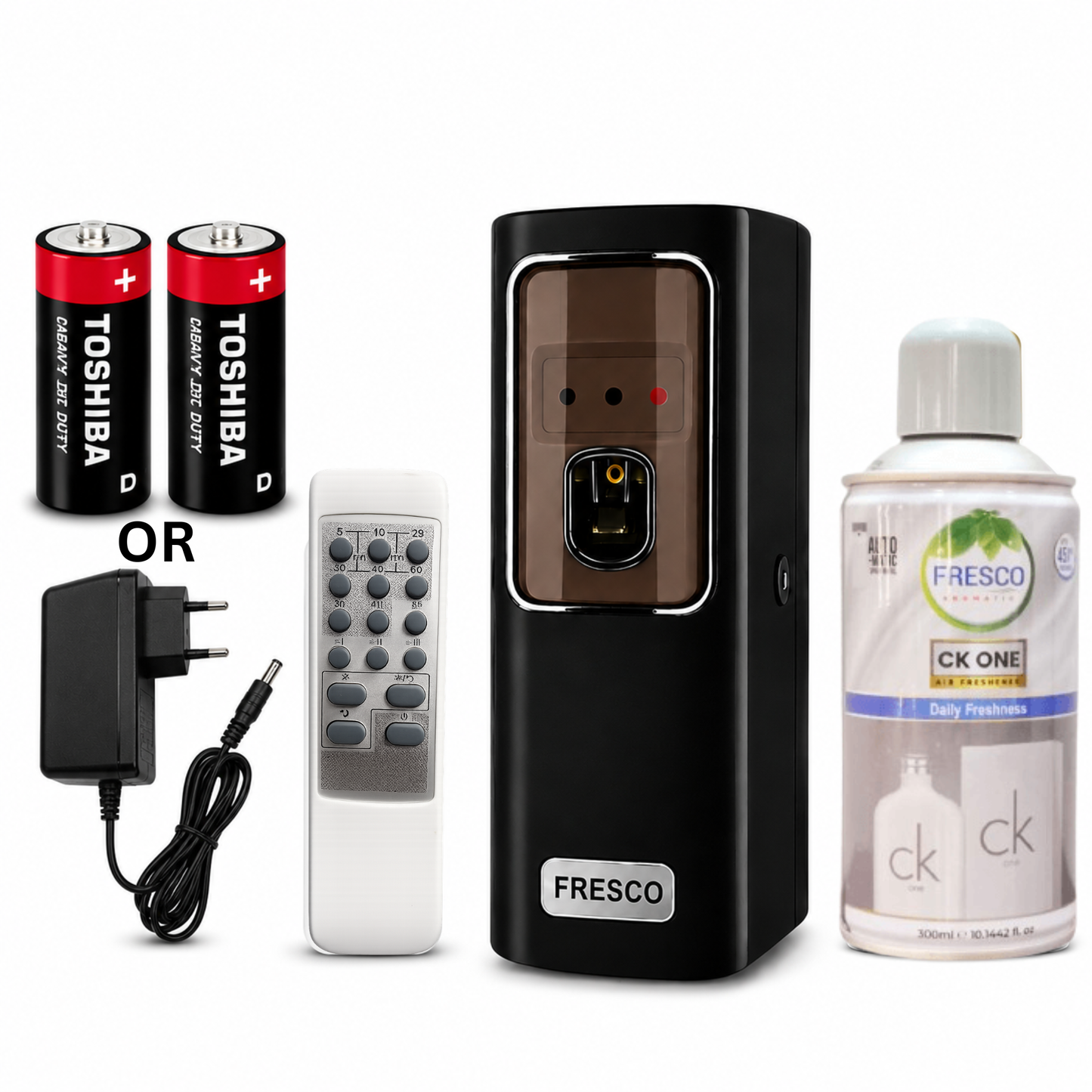 Fresco 2 in 1 Black Automatic Air Freshener Dispenser with Remote, Adapter & Refill – Dual Power Spray Machine