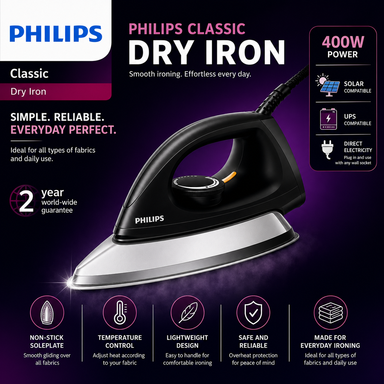 Lates Philips lightweight Inverter Dry Iron 400W – Energy Saving Iron | UPS & Solar Compatible