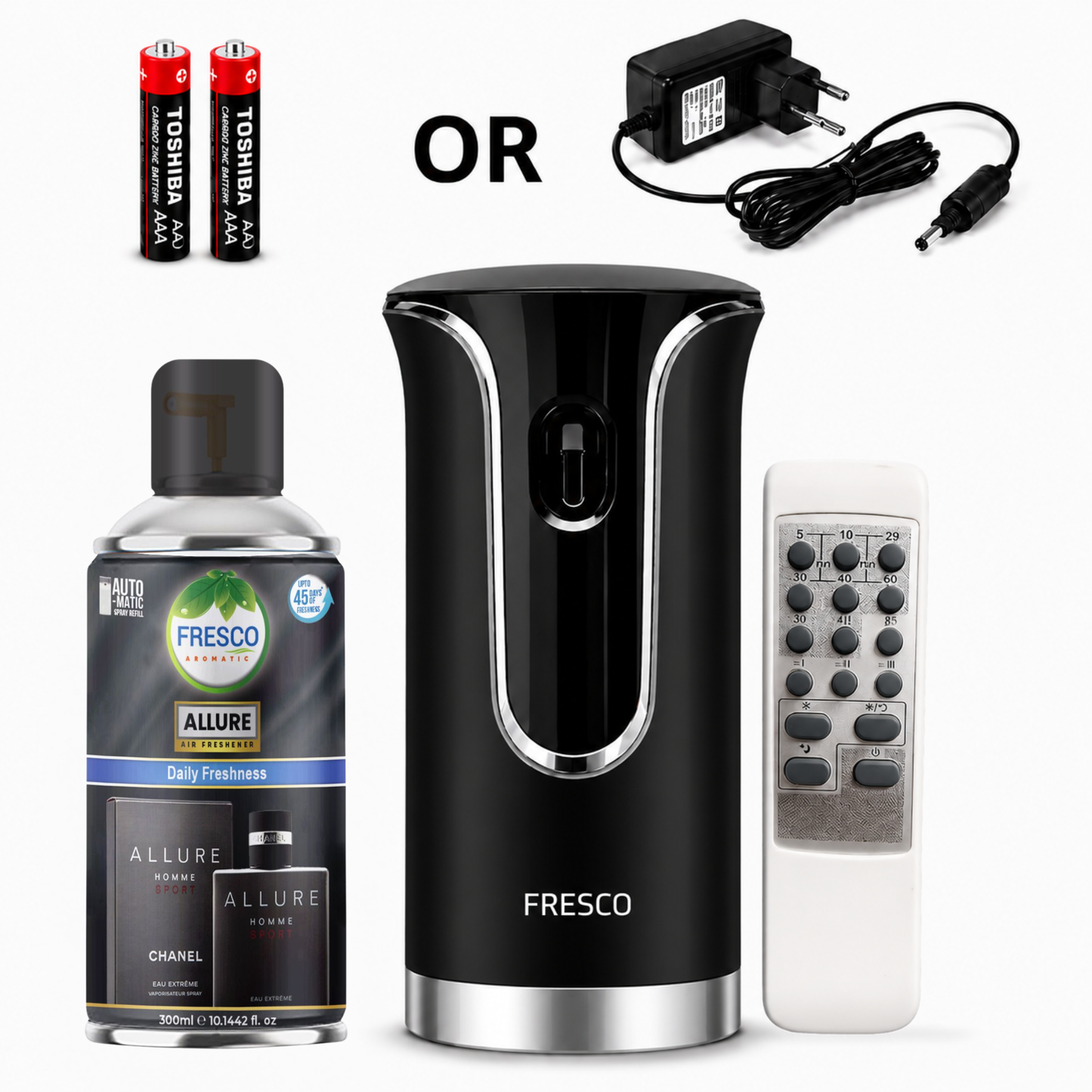 Fresco 2 in 1 Premium Black Remote Control Automatic Air Freshener Dispenser with Free Air Freshener & Batteries
