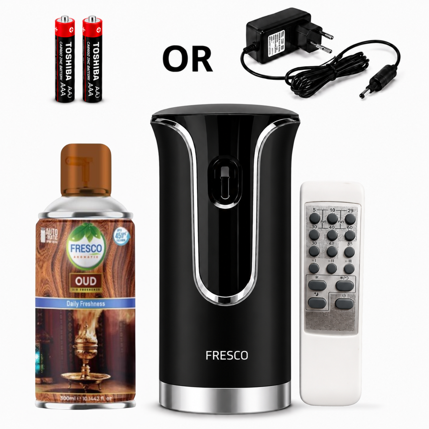 Fresco 2 in 1 Premium Black Remote Control Automatic Air Freshener Dispenser with Free Air Freshener & Batteries