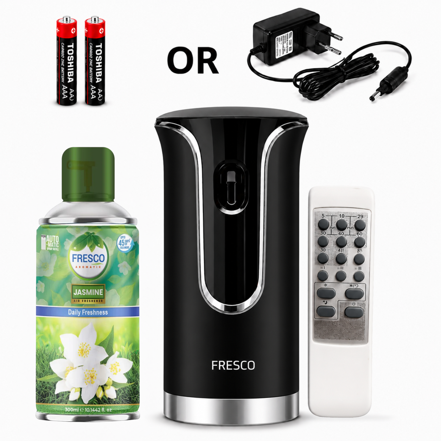 Fresco 2 in 1 Premium Black Remote Control Automatic Air Freshener Dispenser with Free Air Freshener & Batteries
