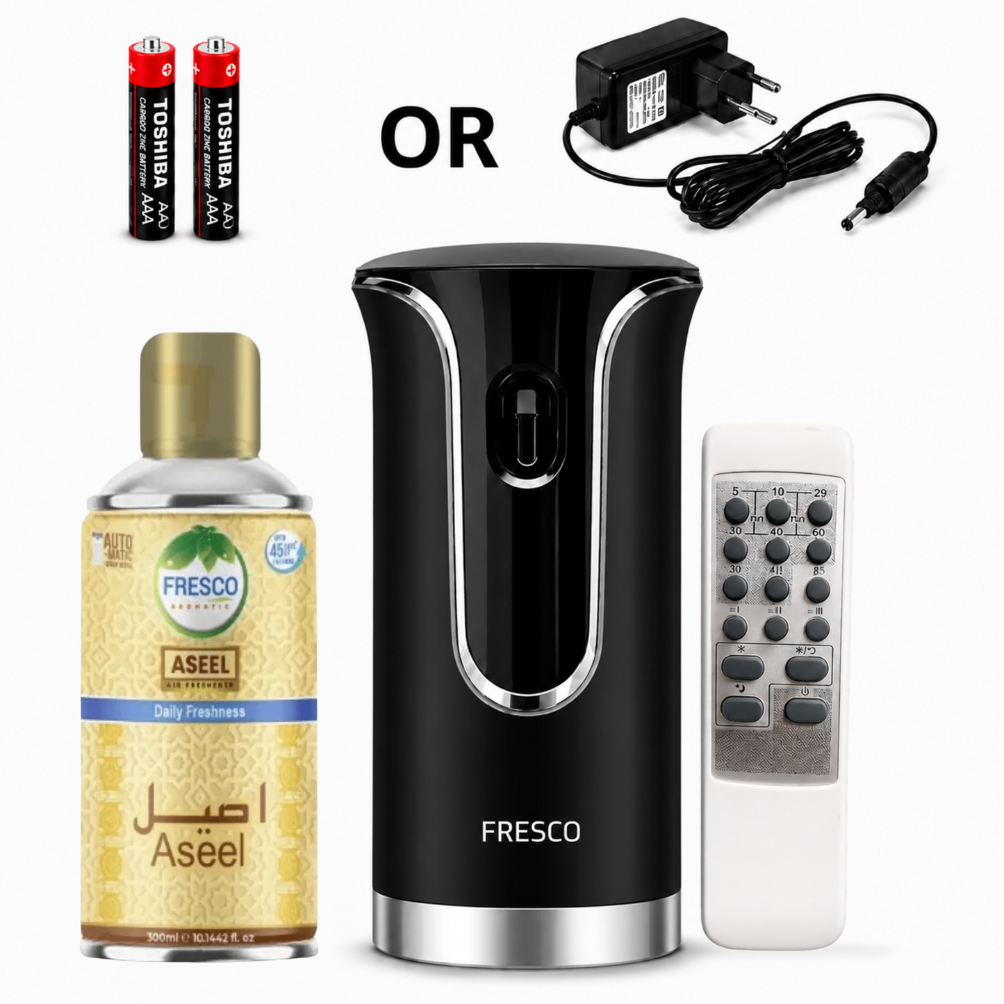 Fresco 2 in 1 Premium Black Remote Control Automatic Air Freshener Dispenser with Free Air Freshener & Batteries