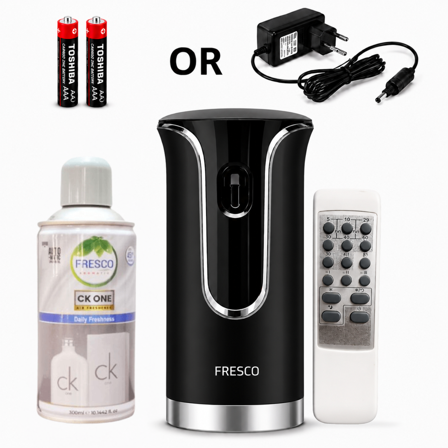 Fresco 2 in 1 Premium Black Remote Control Automatic Air Freshener Dispenser with Free Air Freshener & Batteries