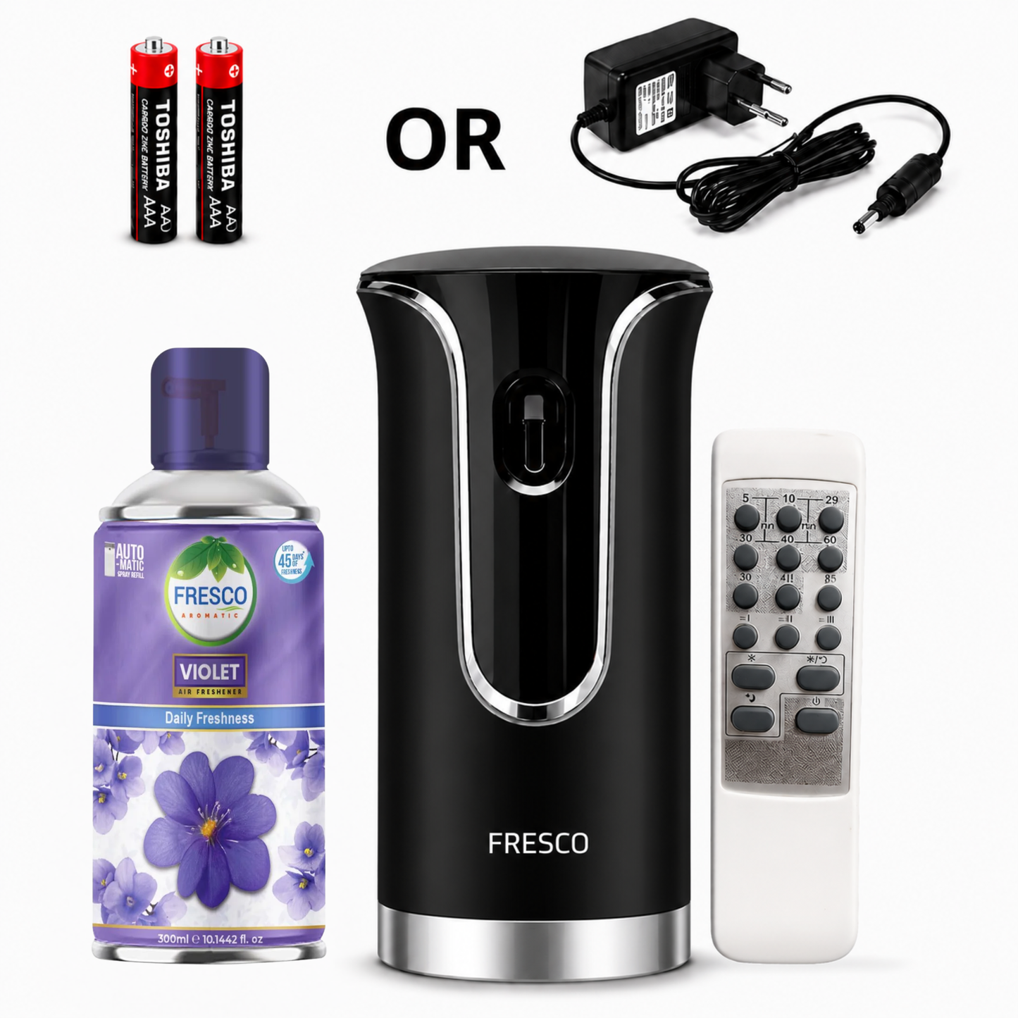 Fresco 2 in 1 Premium Black Remote Control Automatic Air Freshener Dispenser with Free Air Freshener & Batteries