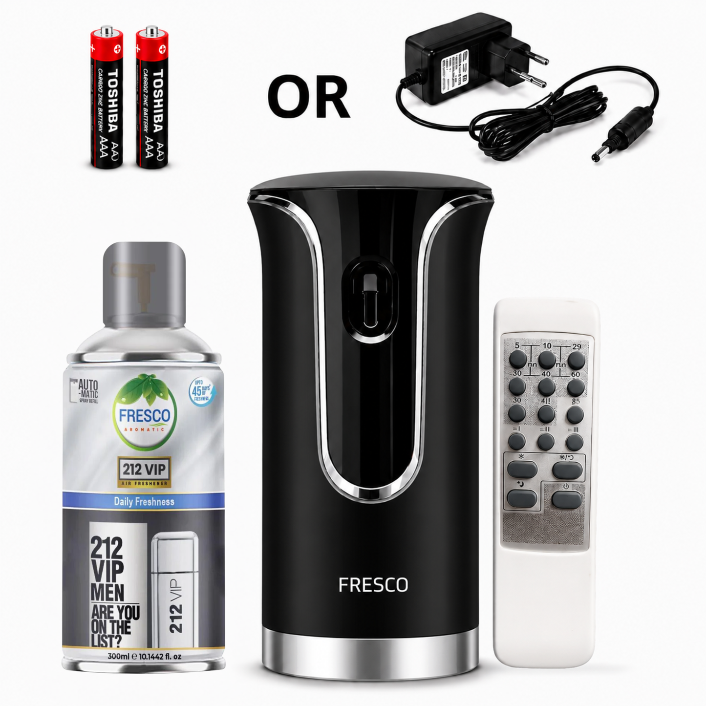 Fresco 2 in 1 Premium Black Remote Control Automatic Air Freshener Dispenser with Free Air Freshener & Batteries