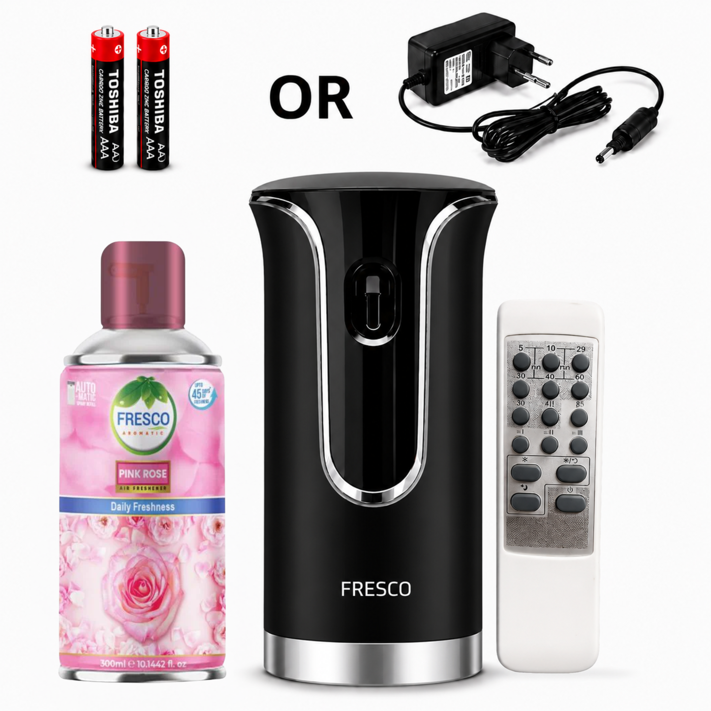 Fresco 2 in 1 Premium Black Remote Control Automatic Air Freshener Dispenser with Free Air Freshener & Batteries
