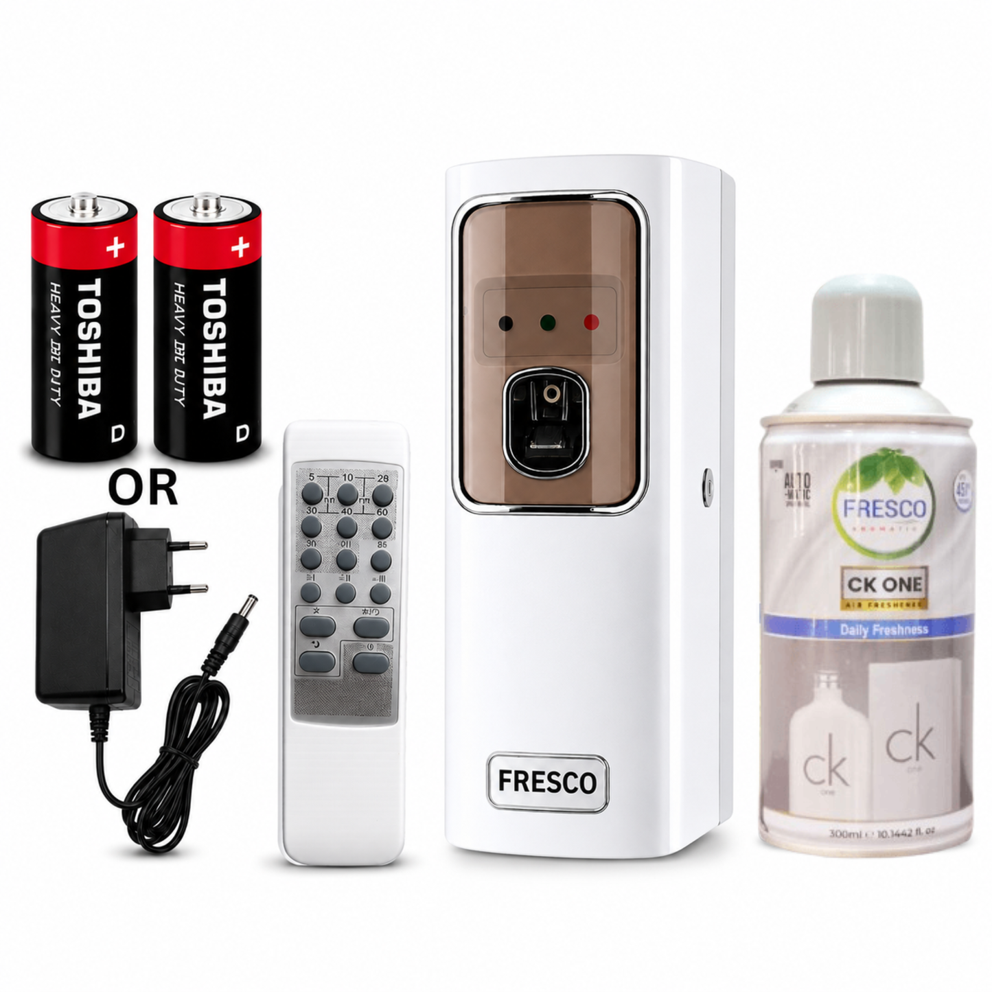 Fresco 2 in 1  Automatic Air Freshener Dispenser with Remote, Adapter & Refill – Dual Power Spray Machine