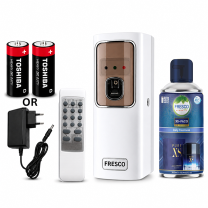 Fresco 2 in 1  Automatic Air Freshener Dispenser with Remote, Adapter & Refill – Dual Power Spray Machine