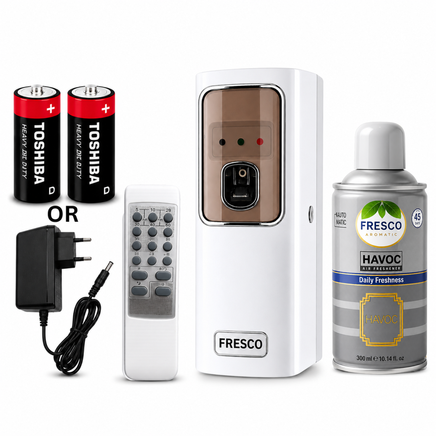 Fresco 2 in 1  Automatic Air Freshener Dispenser with Remote, Adapter & Refill – Dual Power Spray Machine