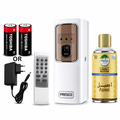 Fresco 2 in 1  Automatic Air Freshener Dispenser with Remote, Adapter & Refill – Dual Power Spray Machine