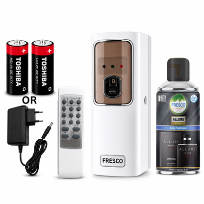Fresco 2 in 1  Automatic Air Freshener Dispenser with Remote, Adapter & Refill – Dual Power Spray Machine