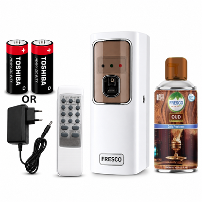 Fresco 2 in 1  Automatic Air Freshener Dispenser with Remote, Adapter & Refill – Dual Power Spray Machine