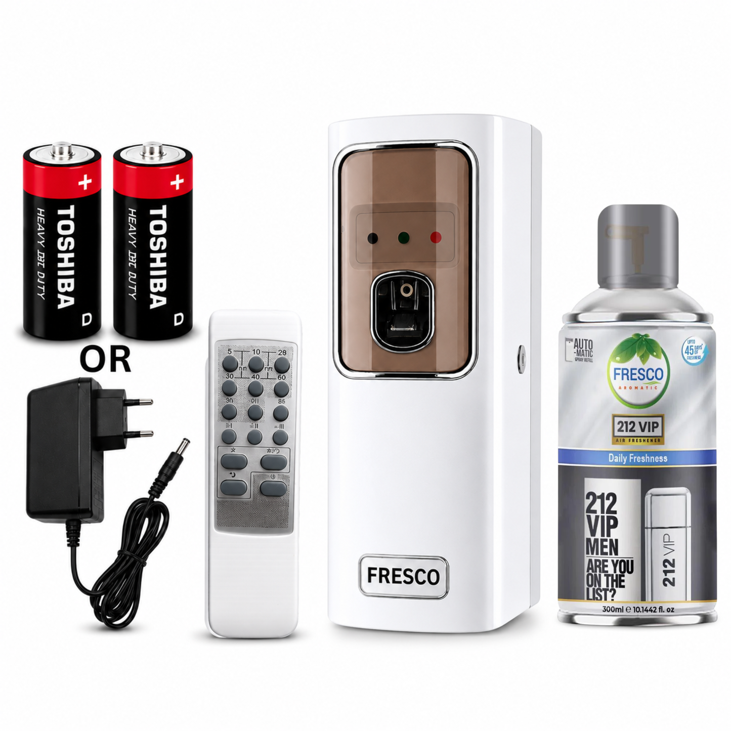 Fresco 2 in 1  Automatic Air Freshener Dispenser with Remote, Adapter & Refill – Dual Power Spray Machine
