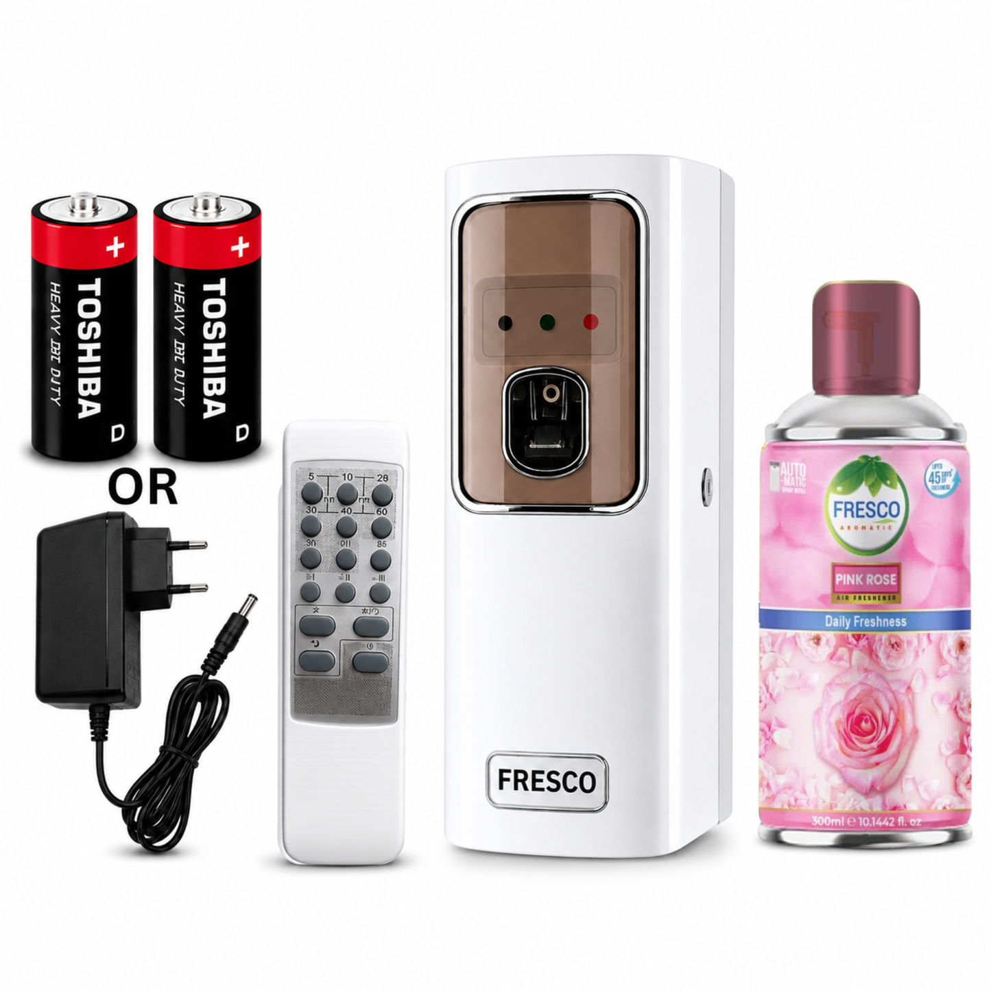 Fresco 2 in 1  Automatic Air Freshener Dispenser with Remote, Adapter & Refill – Dual Power Spray Machine