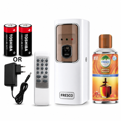 Fresco 2 in 1  Automatic Air Freshener Dispenser with Remote, Adapter & Refill – Dual Power Spray Machine