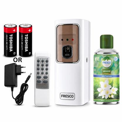 Fresco 2 in 1  Automatic Air Freshener Dispenser with Remote, Adapter & Refill – Dual Power Spray Machine