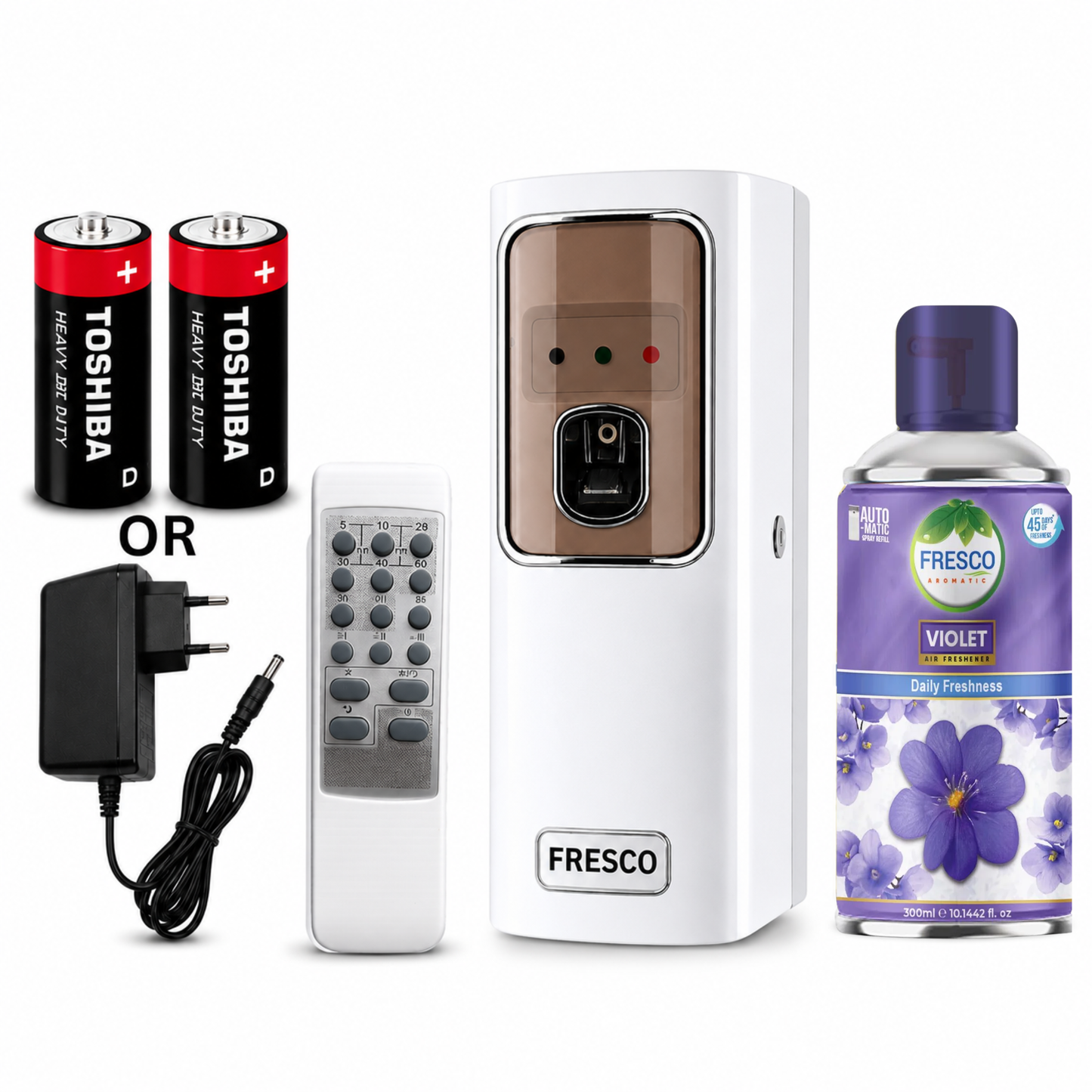 Fresco 2 in 1  Automatic Air Freshener Dispenser with Remote, Adapter & Refill – Dual Power Spray Machine
