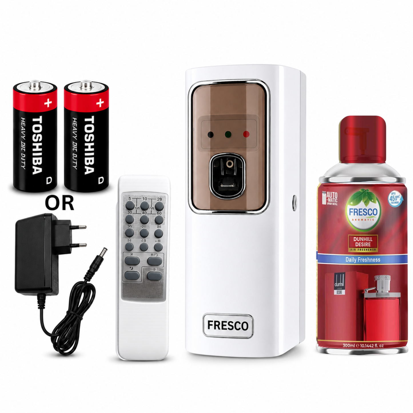 Fresco 2 in 1  Automatic Air Freshener Dispenser with Remote, Adapter & Refill – Dual Power Spray Machine