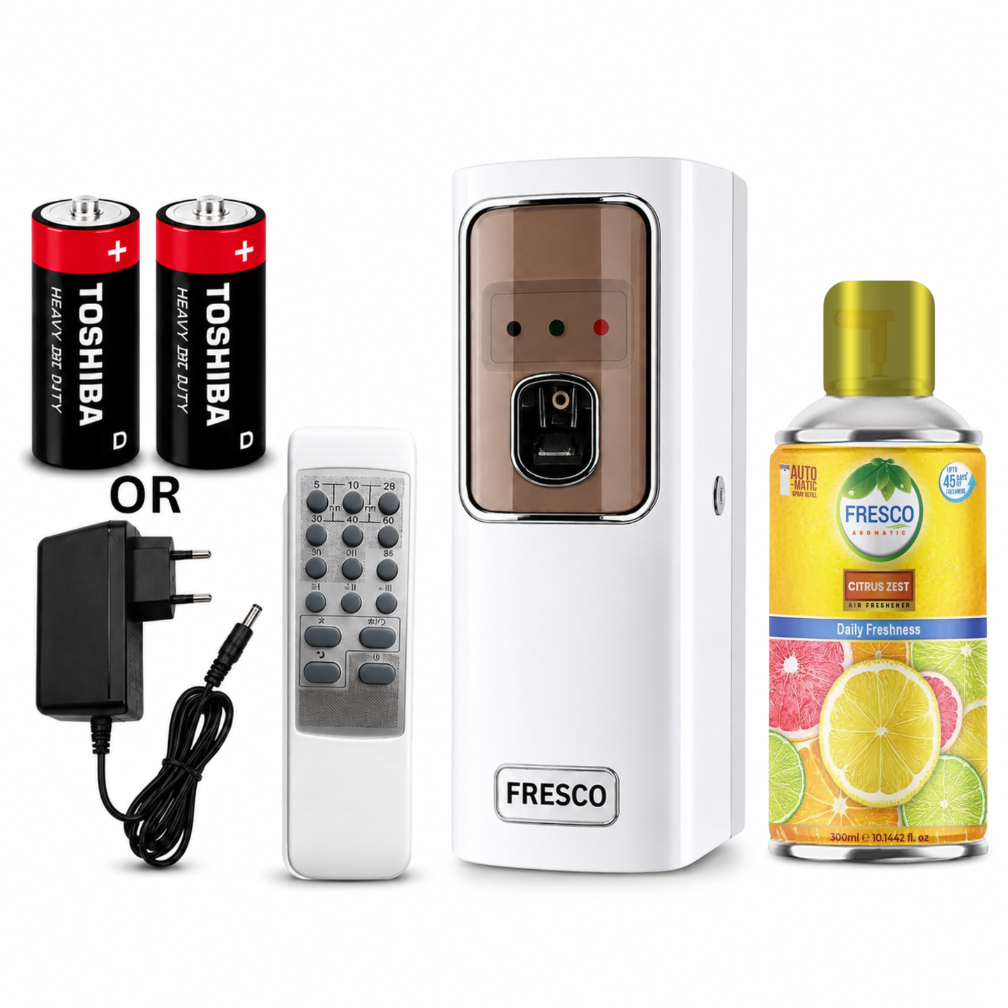 Fresco 2 in 1  Automatic Air Freshener Dispenser with Remote, Adapter & Refill – Dual Power Spray Machine