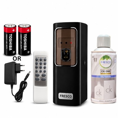 Fresco 2 in 1 Black Automatic Air Freshener Dispenser with Remote, Adapter & Refill – Dual Power Spray Machine