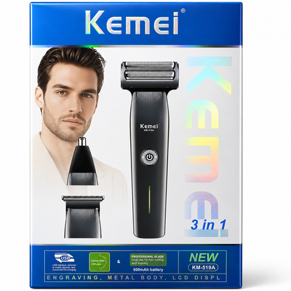 Kemei KM-519A 3-in-1 Rechargeable Electric Shaver & Trimmer