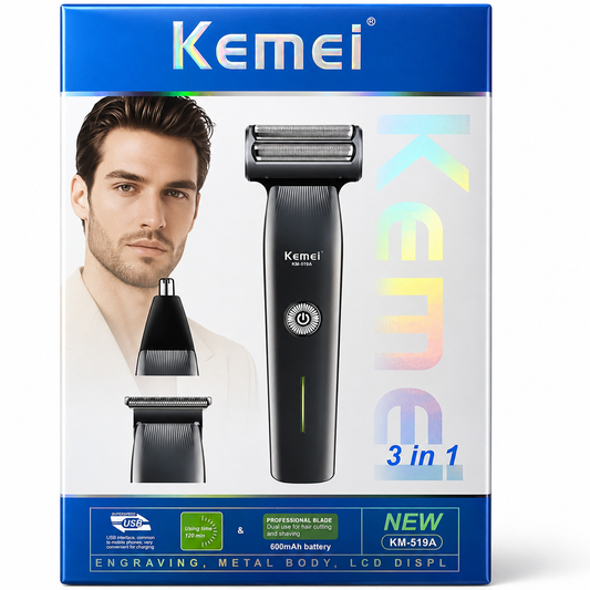 Kemei KM-519A 3-in-1 Rechargeable Electric Shaver & Trimmer