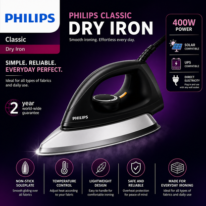 Lates Philips lightweight Inverter Dry Iron 400W – Energy Saving Iron | UPS & Solar Compatible