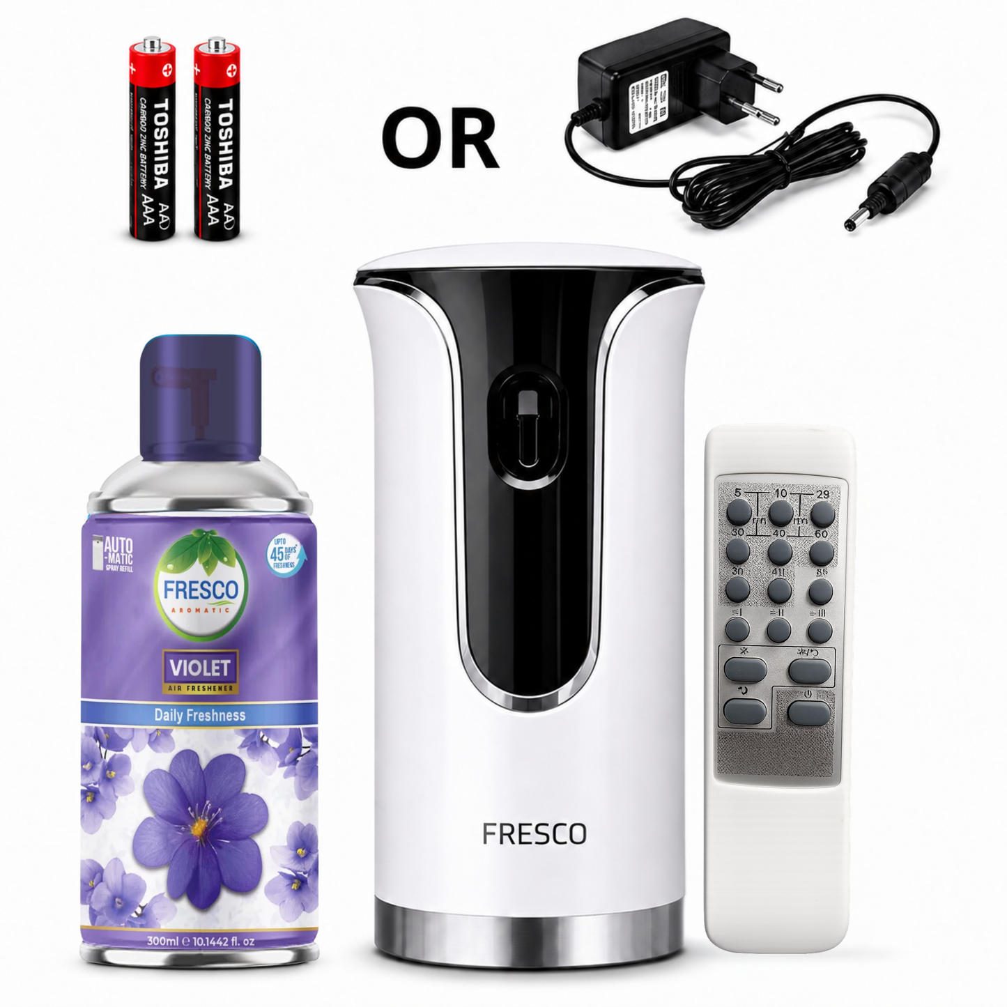 Fresco 2 in 1 Premium Remote Control Automatic Air Freshener Dispenser with Free Air Freshener & Batteries