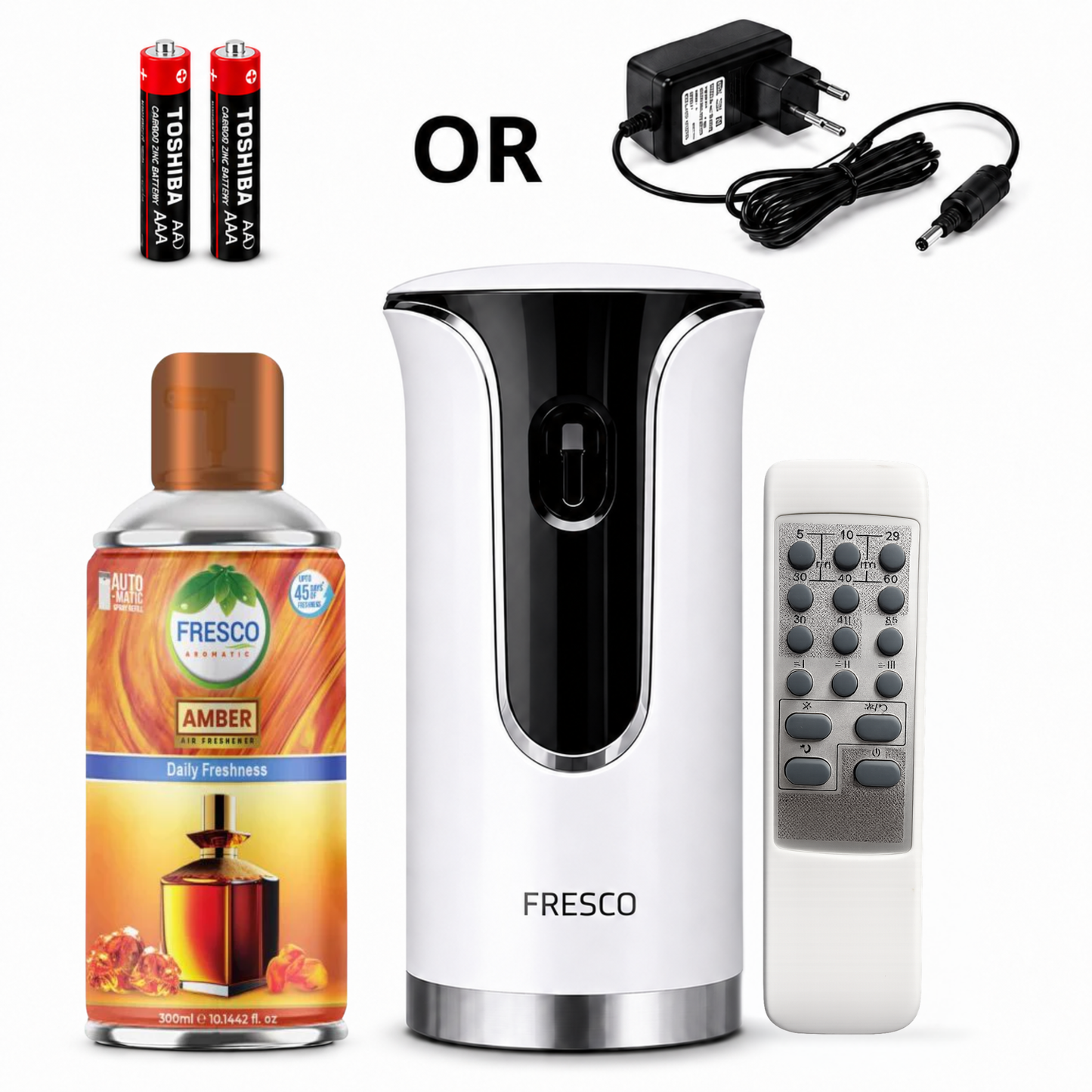 Fresco 2 in 1 Premium Remote Control Automatic Air Freshener Dispenser with Free Air Freshener & Batteries