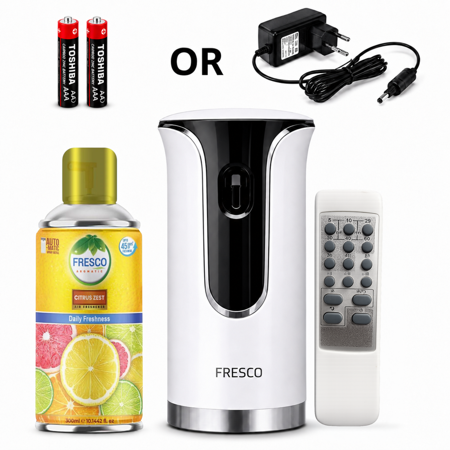Fresco 2 in 1 Premium Remote Control Automatic Air Freshener Dispenser with Free Air Freshener & Batteries