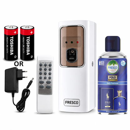 Fresco 2 in 1  Automatic Air Freshener Dispenser with Remote, Adapter & Refill – Dual Power Spray Machine