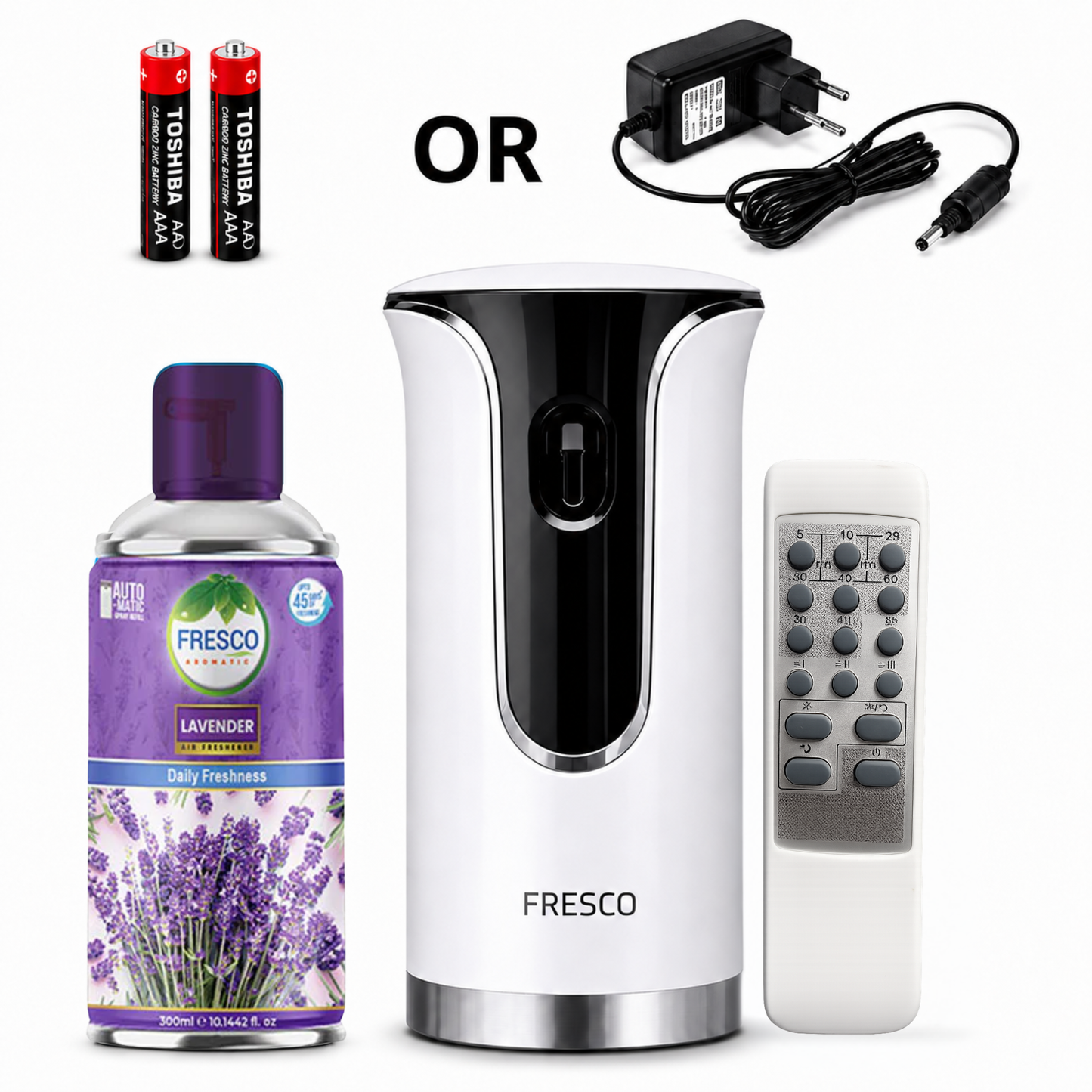 Fresco 2 in 1 Premium Remote Control Automatic Air Freshener Dispenser with Free Air Freshener & Batteries