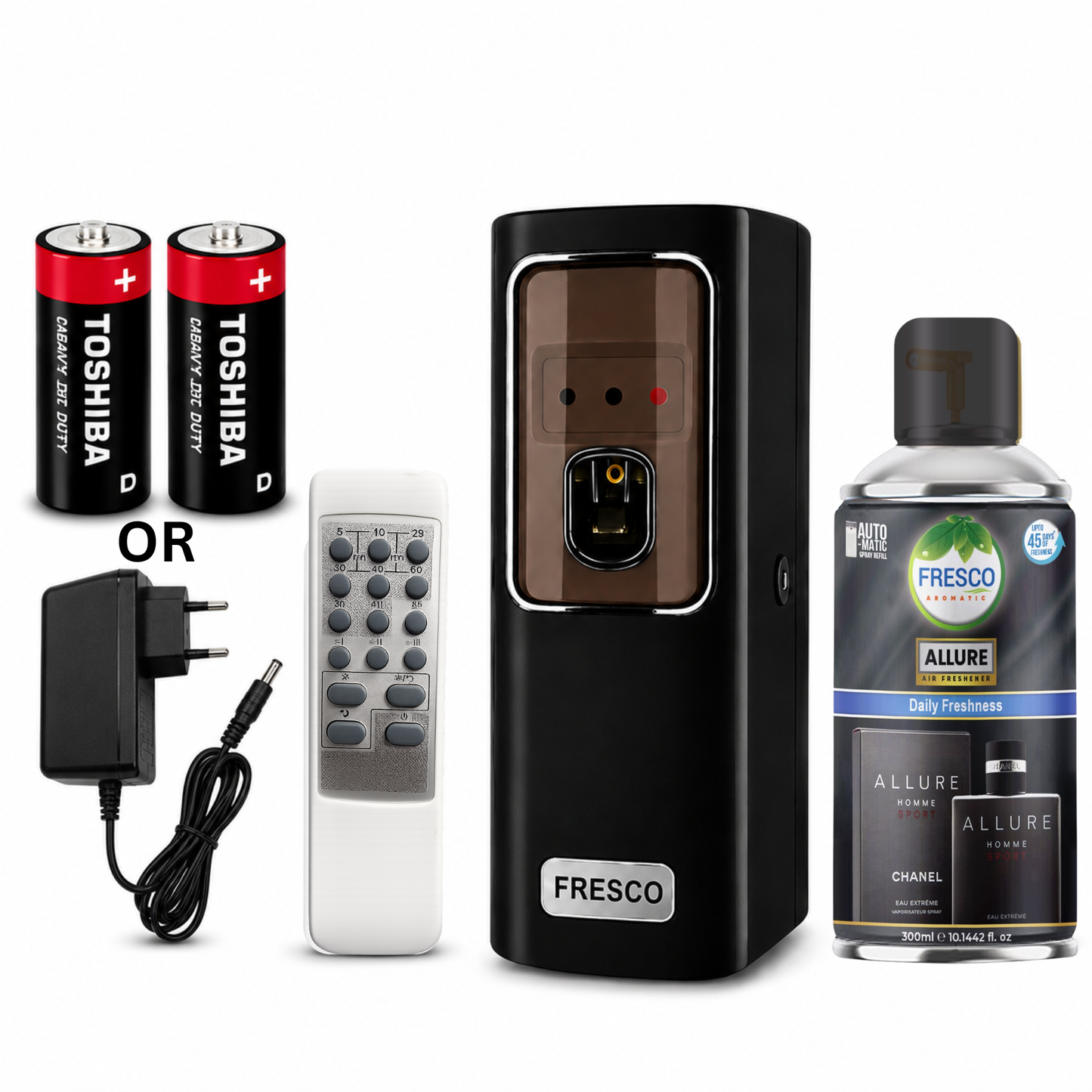 Fresco 2 in 1 Black Automatic Air Freshener Dispenser with Remote, Adapter & Refill – Dual Power Spray Machine