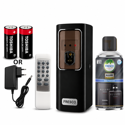 Fresco 2 in 1 Black Automatic Air Freshener Dispenser with Remote, Adapter & Refill – Dual Power Spray Machine