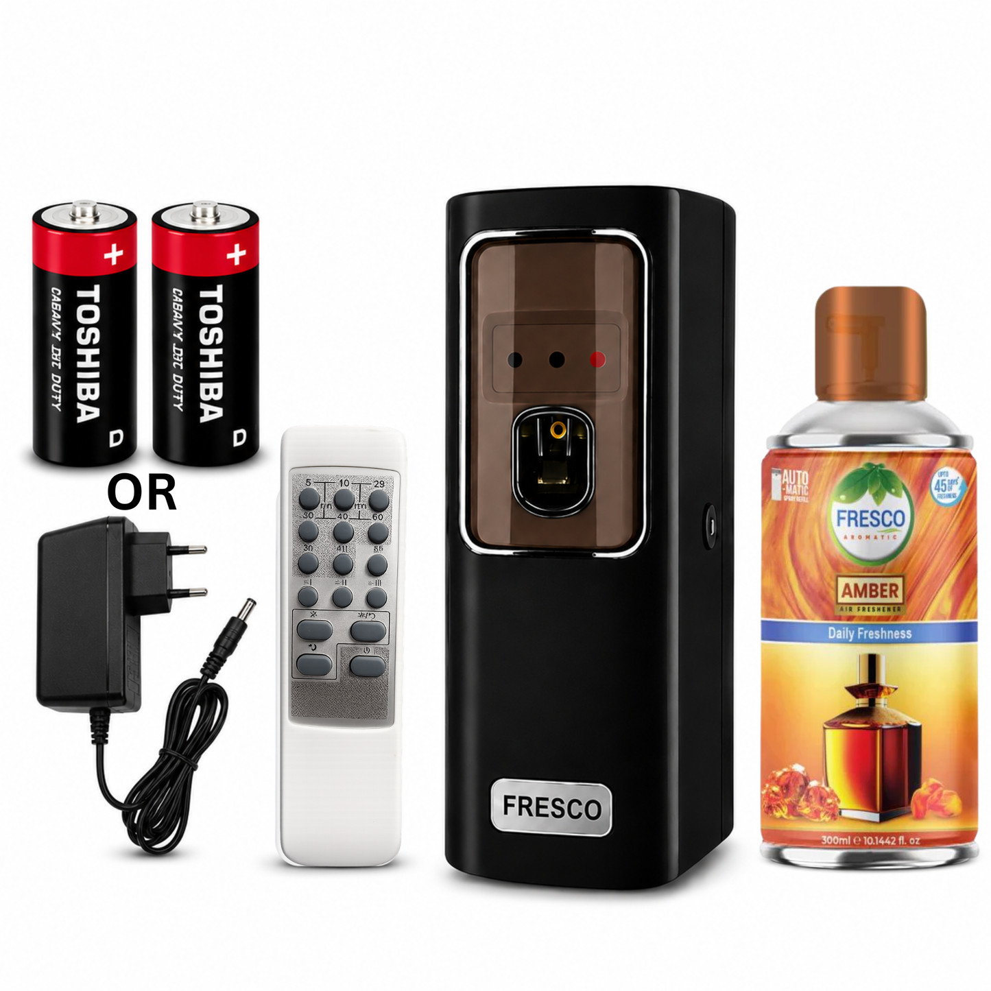 Fresco 2 in 1 Black Automatic Air Freshener Dispenser with Remote, Adapter & Refill – Dual Power Spray Machine
