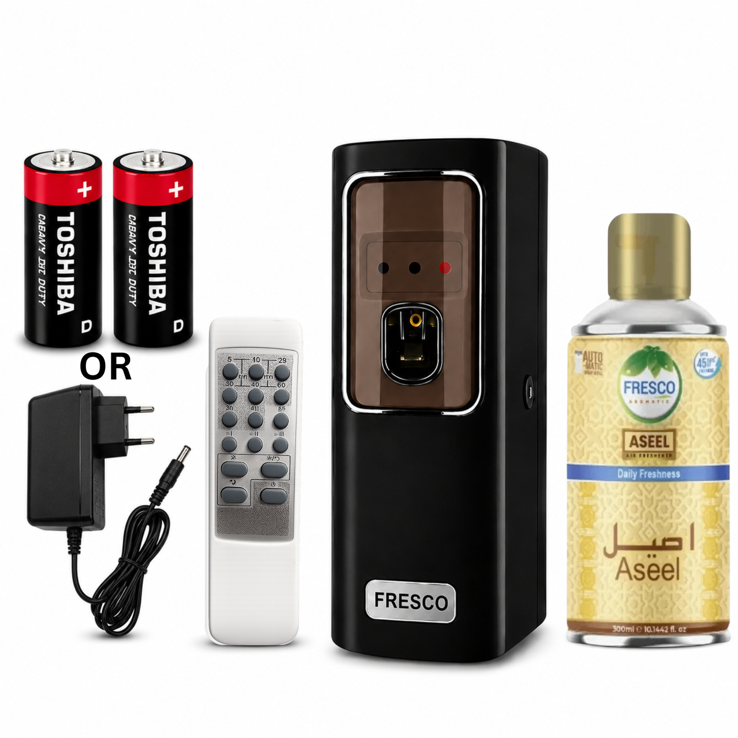 Fresco 2 in 1 Black Automatic Air Freshener Dispenser with Remote, Adapter & Refill – Dual Power Spray Machine