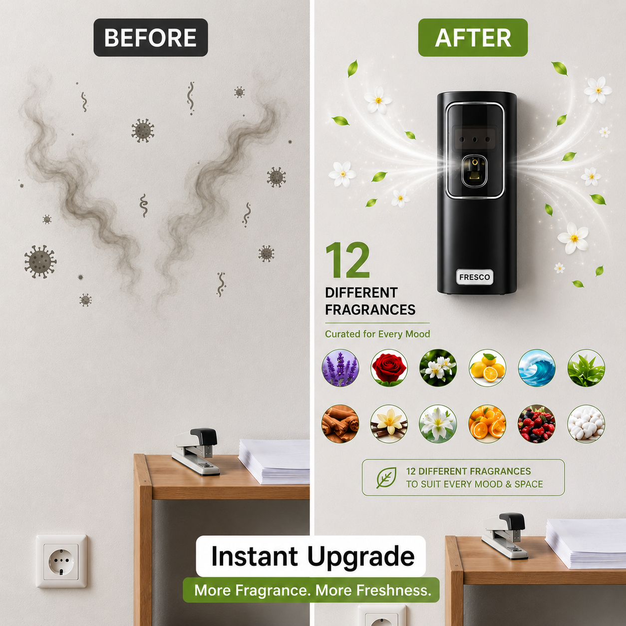 Fresco 2 in 1 Black Automatic Air Freshener Dispenser with Remote, Adapter & Refill – Dual Power Spray Machine