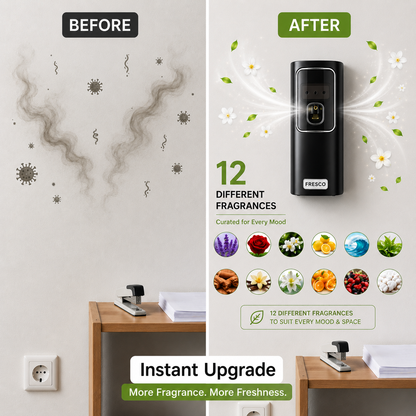Fresco 2 in 1 Black Automatic Air Freshener Dispenser with Remote, Adapter & Refill – Dual Power Spray Machine