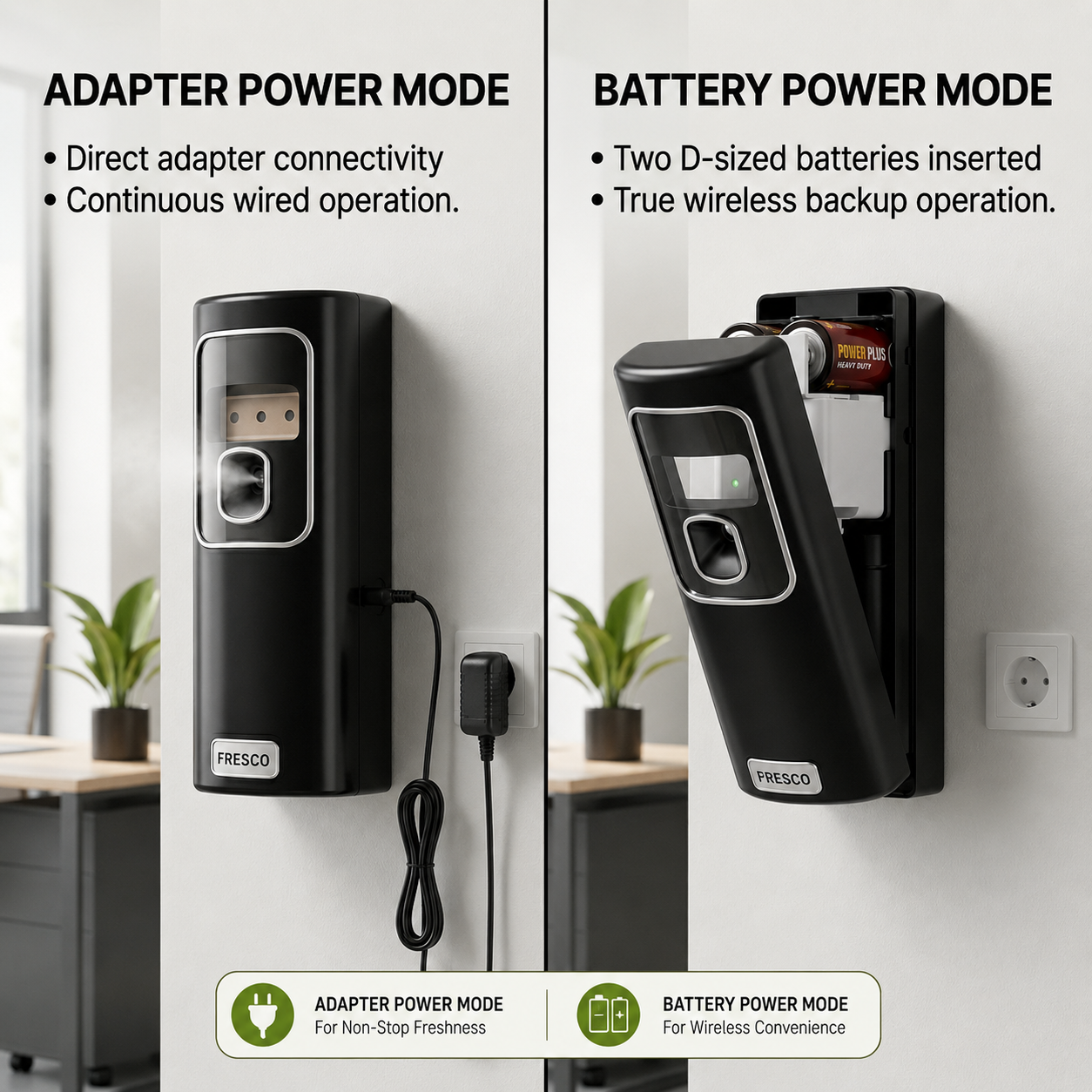 Fresco 2 in 1 Black Automatic Air Freshener Dispenser with Remote, Adapter & Refill – Dual Power Spray Machine