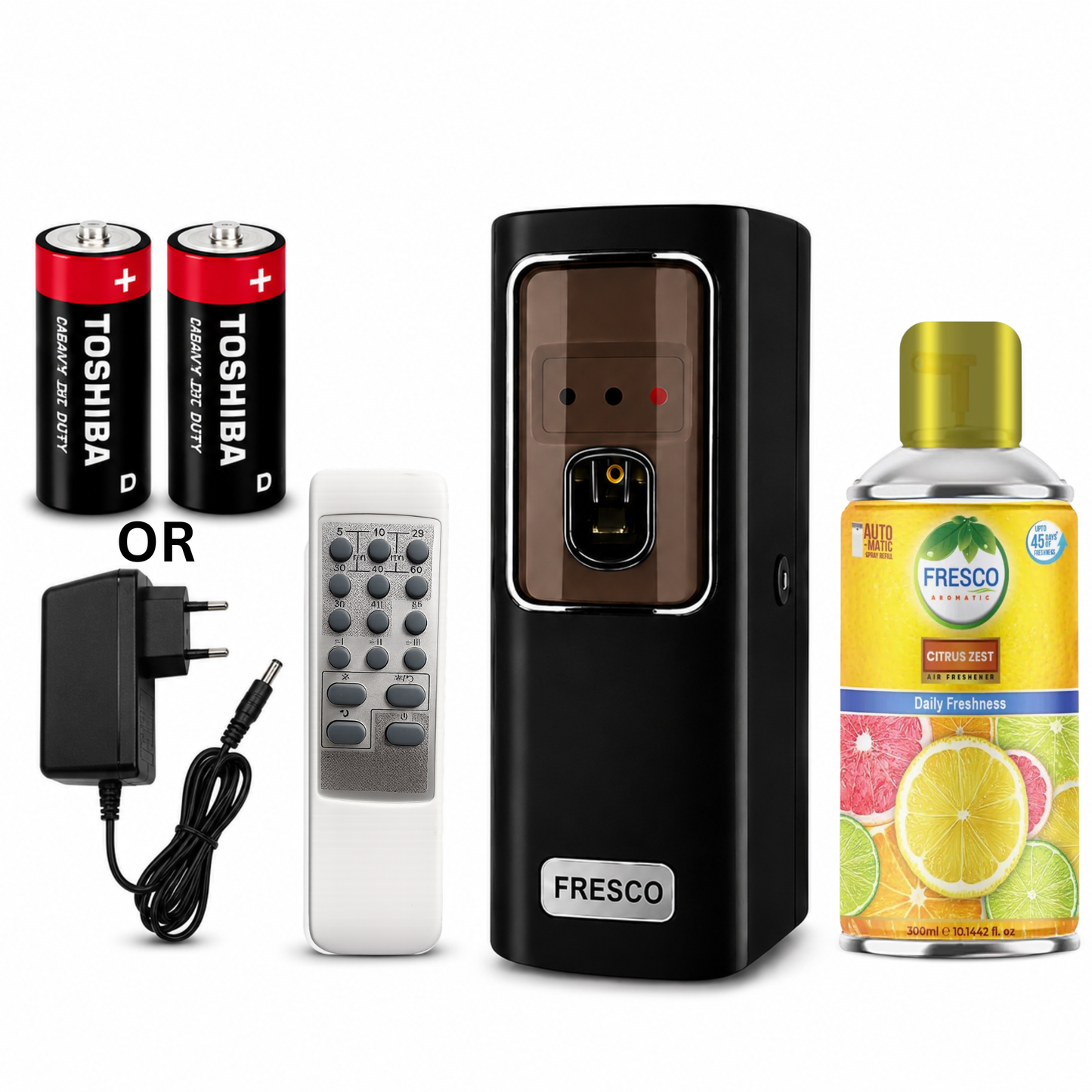 Fresco 2 in 1 Black Automatic Air Freshener Dispenser with Remote, Adapter & Refill – Dual Power Spray Machine