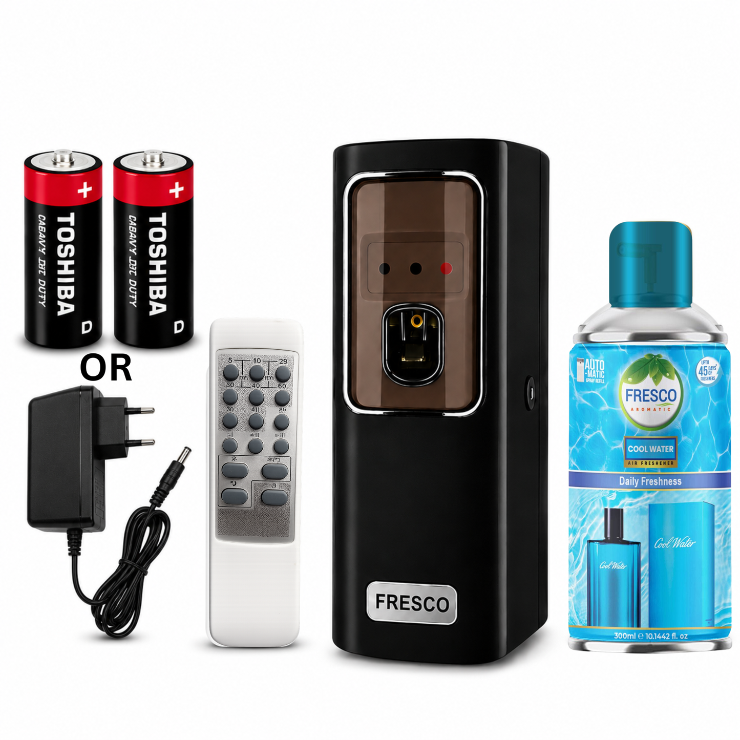 Fresco 2 in 1 Black Automatic Air Freshener Dispenser with Remote, Adapter & Refill – Dual Power Spray Machine