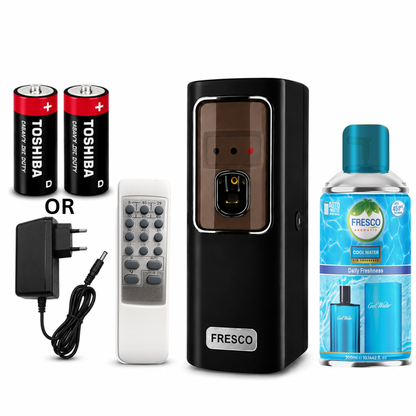 Fresco 2 in 1 Black Automatic Air Freshener Dispenser with Remote, Adapter & Refill – Dual Power Spray Machine