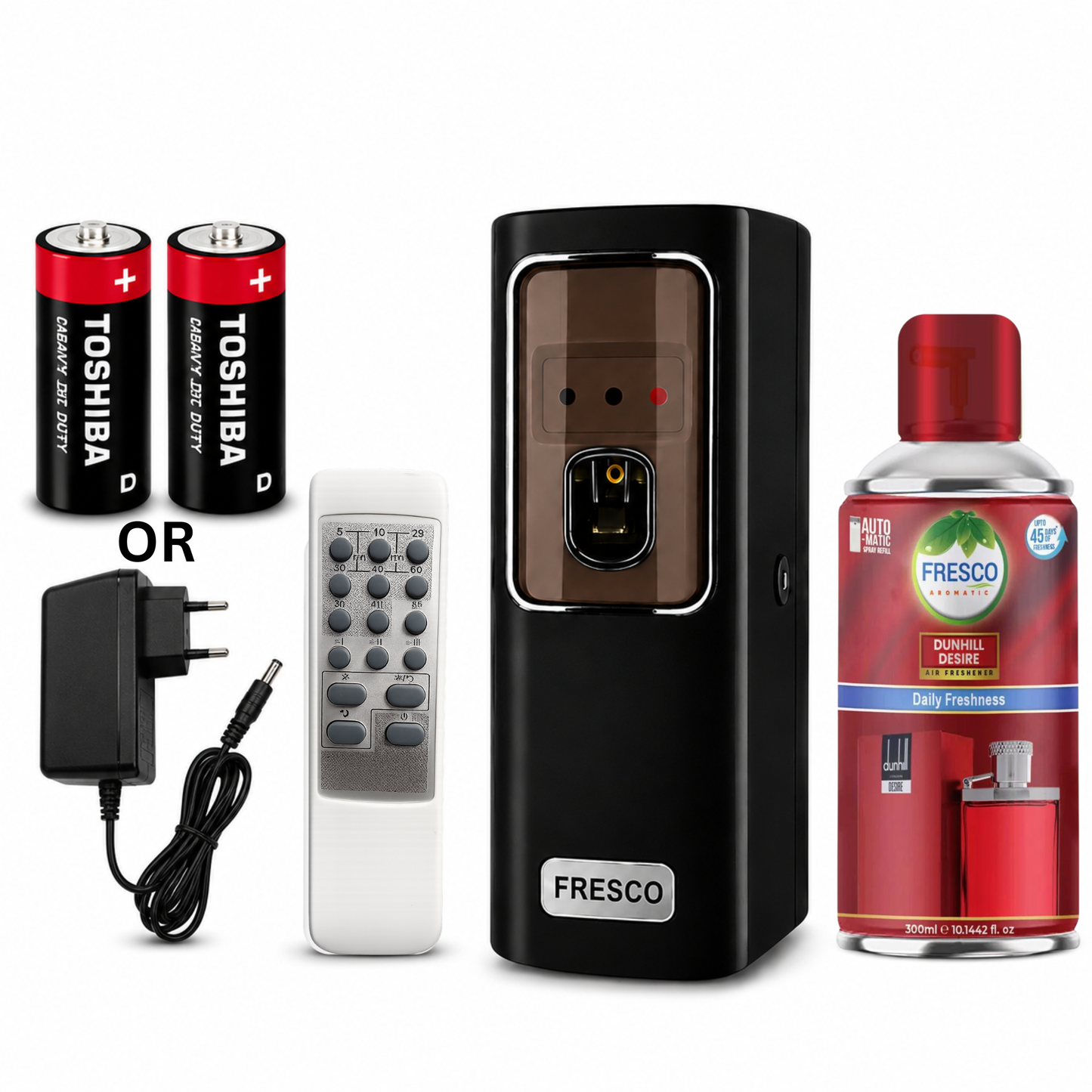 Fresco 2 in 1 Black Automatic Air Freshener Dispenser with Remote, Adapter & Refill – Dual Power Spray Machine
