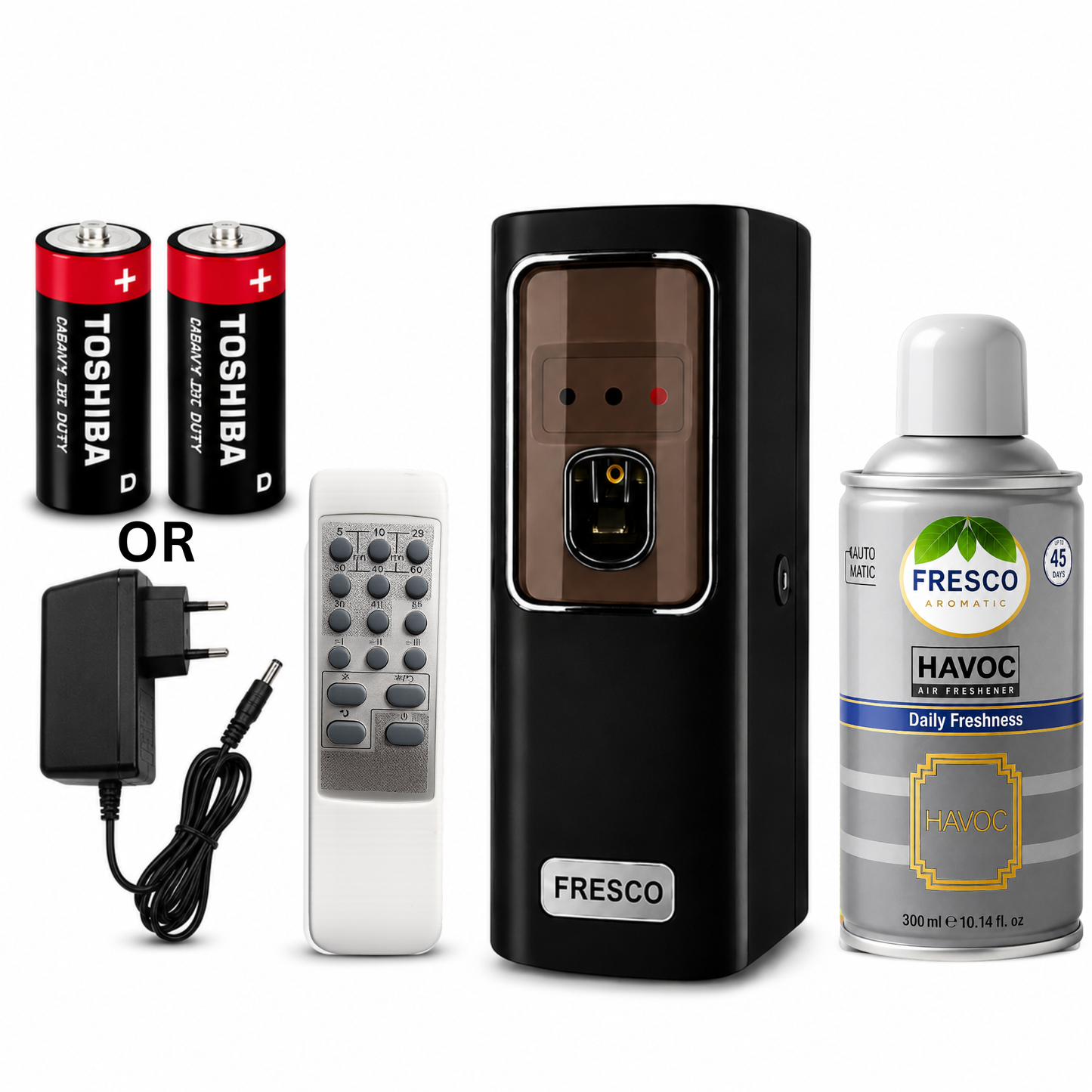 Fresco 2 in 1 Black Automatic Air Freshener Dispenser with Remote, Adapter & Refill – Dual Power Spray Machine