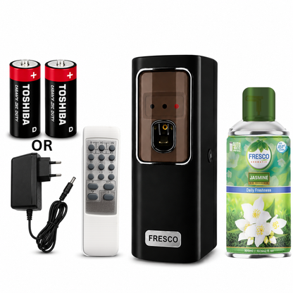 Fresco 2 in 1 Black Automatic Air Freshener Dispenser with Remote, Adapter & Refill – Dual Power Spray Machine