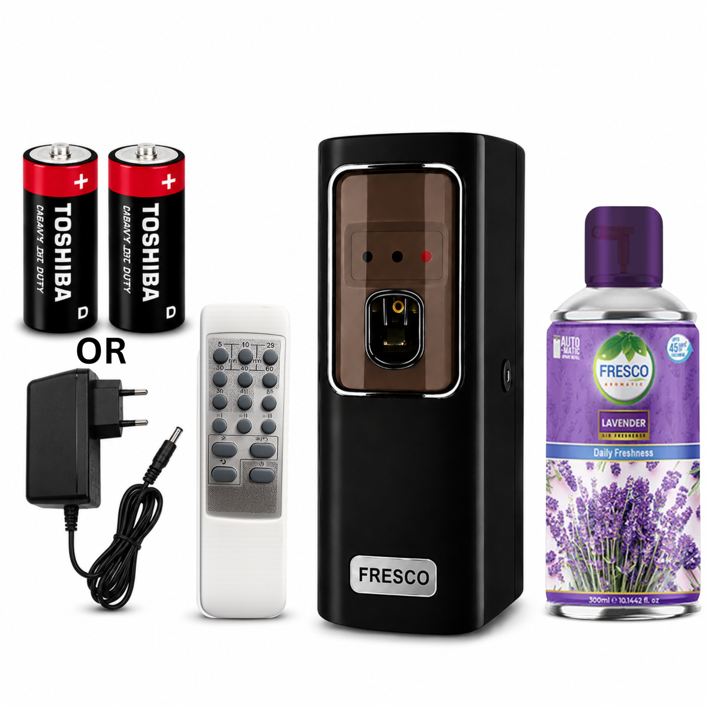 Fresco 2 in 1 Black Automatic Air Freshener Dispenser with Remote, Adapter & Refill – Dual Power Spray Machine