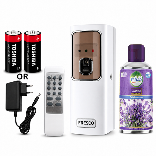 Fresco 2 in 1  Automatic Air Freshener Dispenser with Remote, Adapter & Refill – Dual Power Spray Machine
