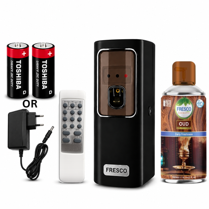 Fresco 2 in 1 Black Automatic Air Freshener Dispenser with Remote, Adapter & Refill – Dual Power Spray Machine