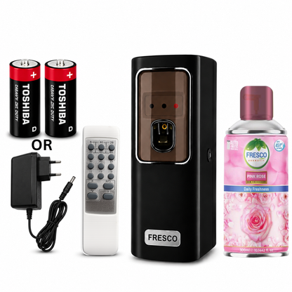 Fresco 2 in 1 Black Automatic Air Freshener Dispenser with Remote, Adapter & Refill – Dual Power Spray Machine